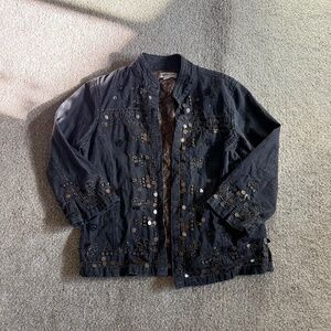 Vintage Black Coldwater Embroidered Creek Denim Jacket Tarnished Gold Detailing